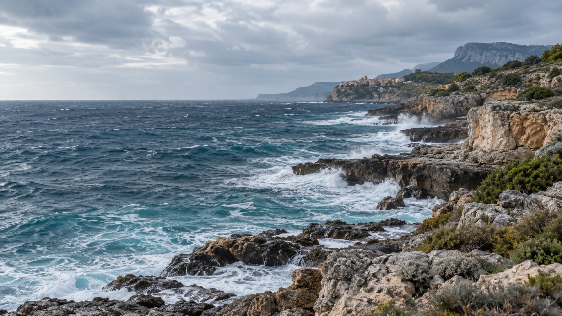 Les vagues rencontrent un littoral rocheux